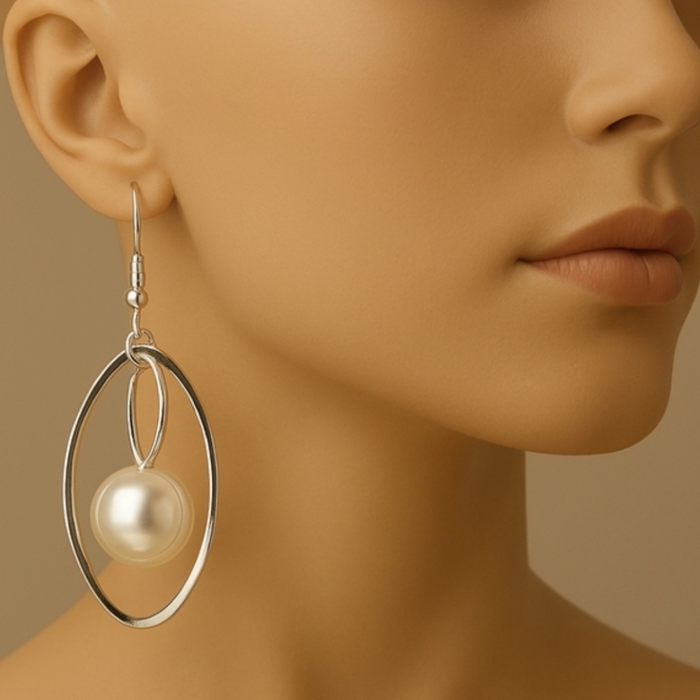 Women's Stylish Polished Silver tone Hoop, bead Design 2.5" drop dangle Earrings